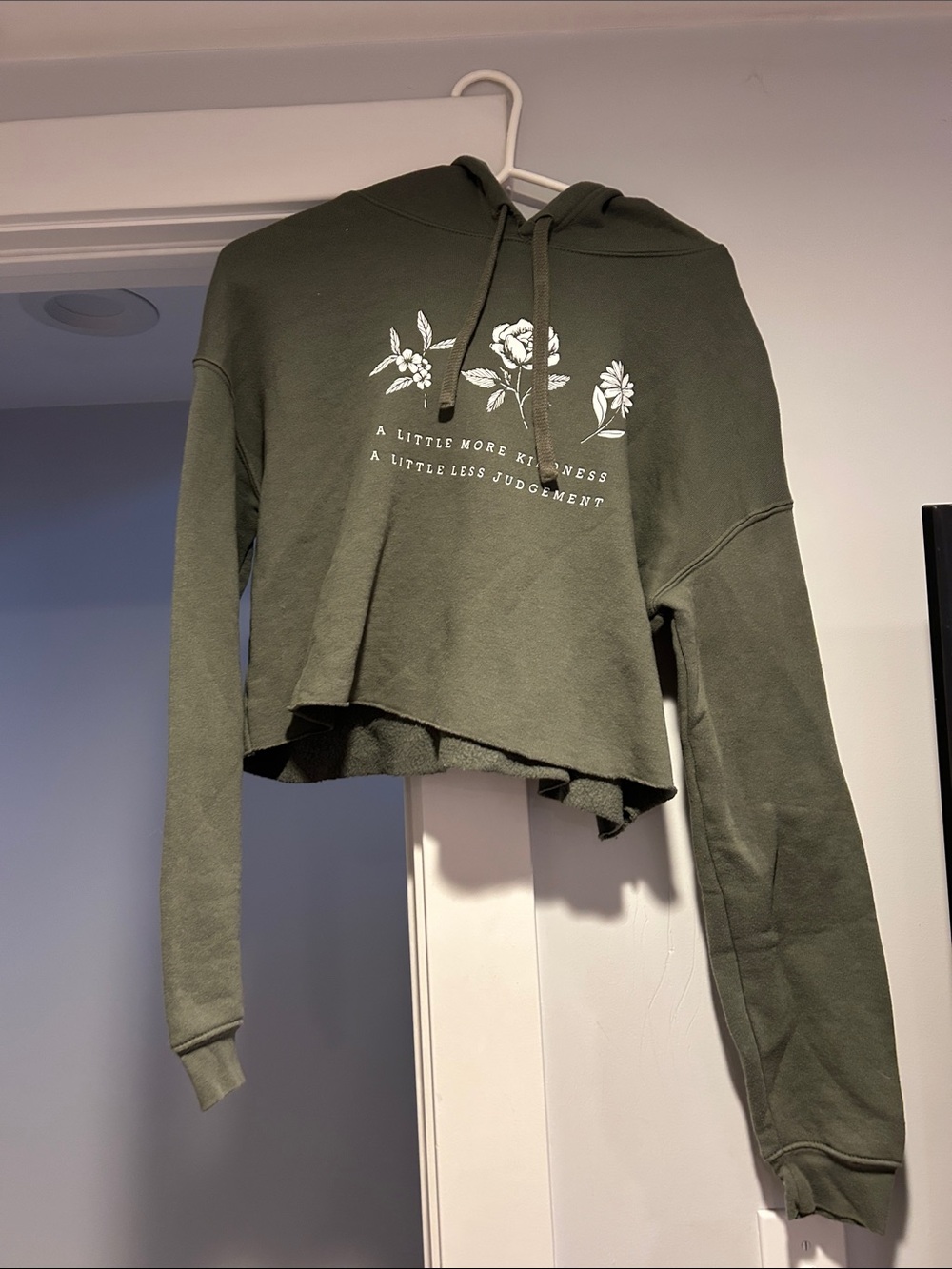 Olive Green Cropped Hoodie with Floral Print